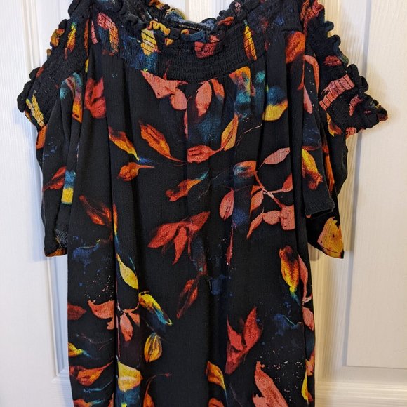 Torrid Smocked Cold-Shoulder Blouse Black Leaf Print - size 2X (18/20) - Picture 8 of 11
